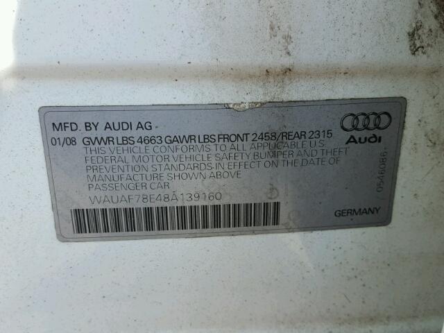 WAUAF78E48A139160 - 2008 AUDI A4 2.0T WHITE photo 10