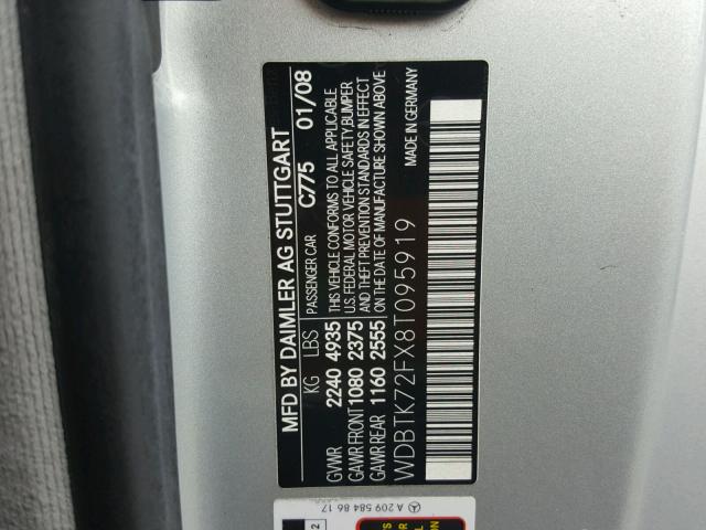 WDBTK72FX8T095919 - 2008 MERCEDES-BENZ CLK 550 SILVER photo 10