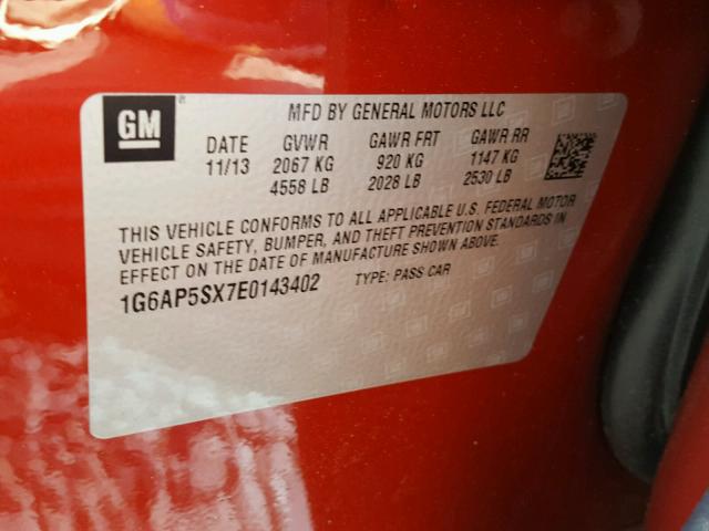 1G6AP5SX7E0143402 - 2014 CADILLAC CTS RED photo 10