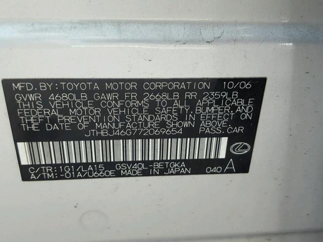 JTHBJ46G772069654 - 2007 LEXUS ES 350 SILVER photo 10