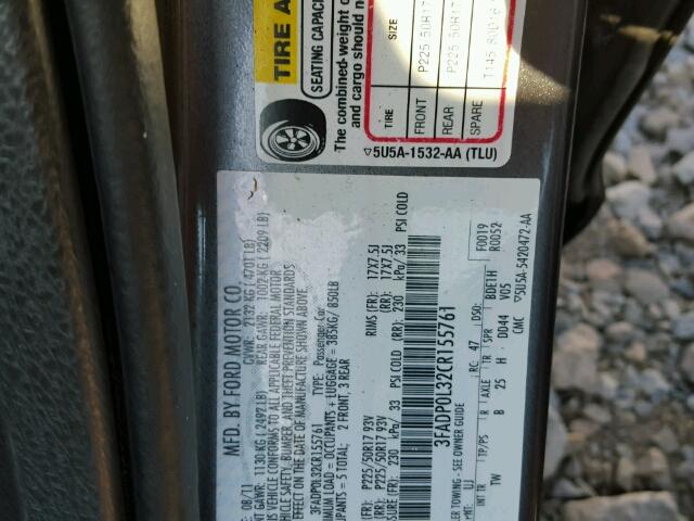 3FADP0L32CR155761 - 2012 FORD FUSION CHARCOAL photo 10