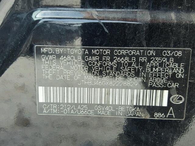 JTHBJ46GX82228829 - 2008 LEXUS ES 350 BLACK photo 10