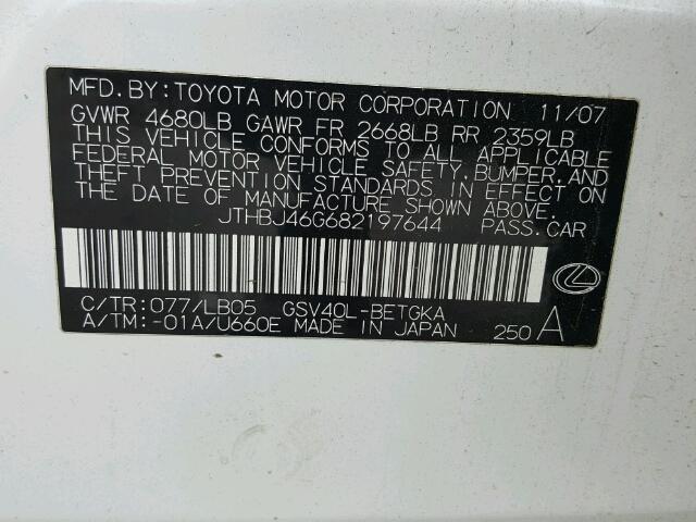 JTHBJ46G682197644 - 2008 LEXUS ES 350 WHITE photo 10