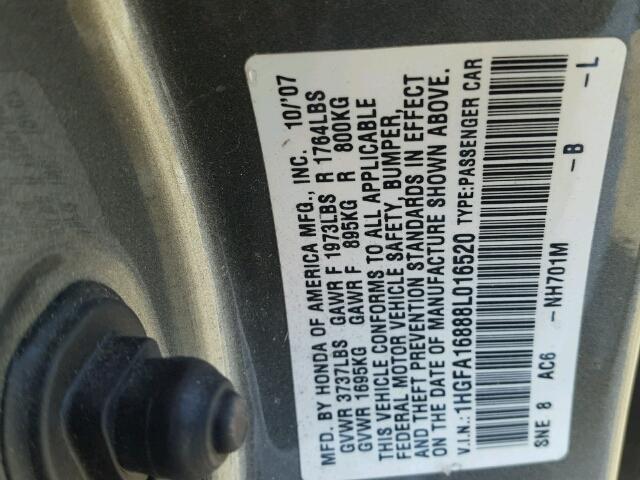 1HGFA16888L016520 - 2008 HONDA CIVIC EX GRAY photo 10