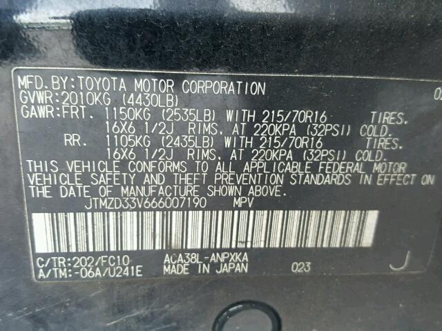 JTMZD33V666007190 - 2006 TOYOTA RAV4 BLACK photo 10