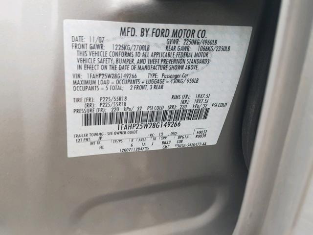 1FAHP25W28G149266 - 2008 FORD TAURUS LIM SILVER photo 10