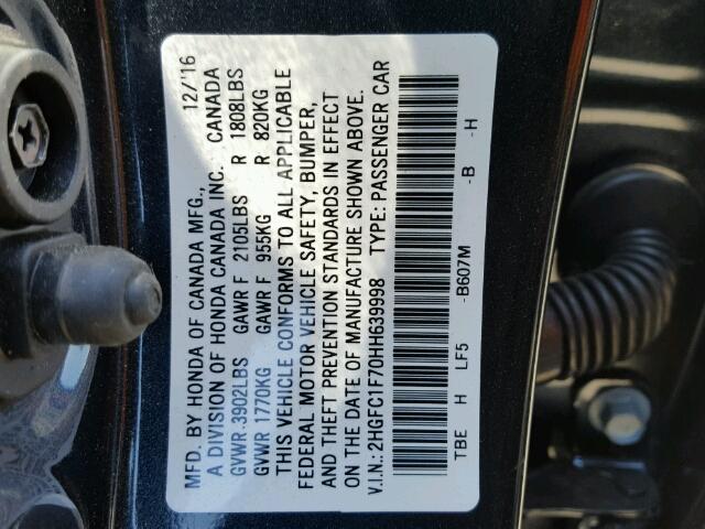 2HGFC1F70HH639998 - 2017 HONDA CIVIC EXL BLUE photo 10