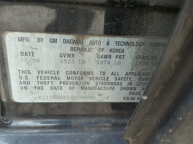 KL1TD56E99B395080 - 2009 CHEVROLET AVEO LS BLACK photo 10