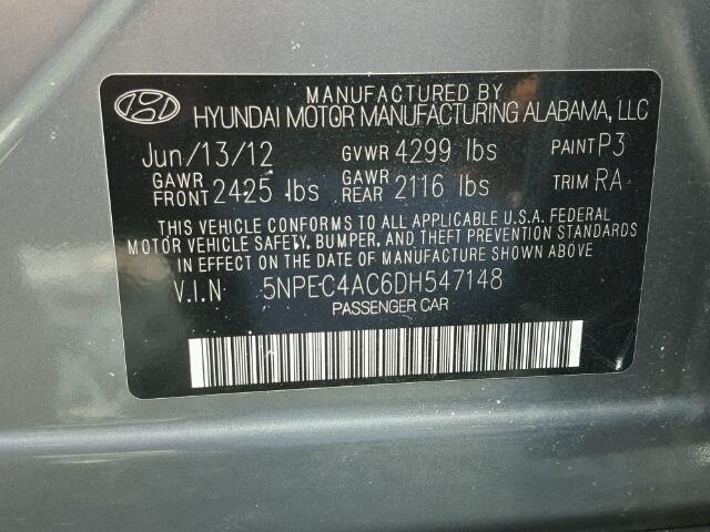 5NPEC4AC6DH547148 - 2013 HYUNDAI SONATA SE GRAY photo 10