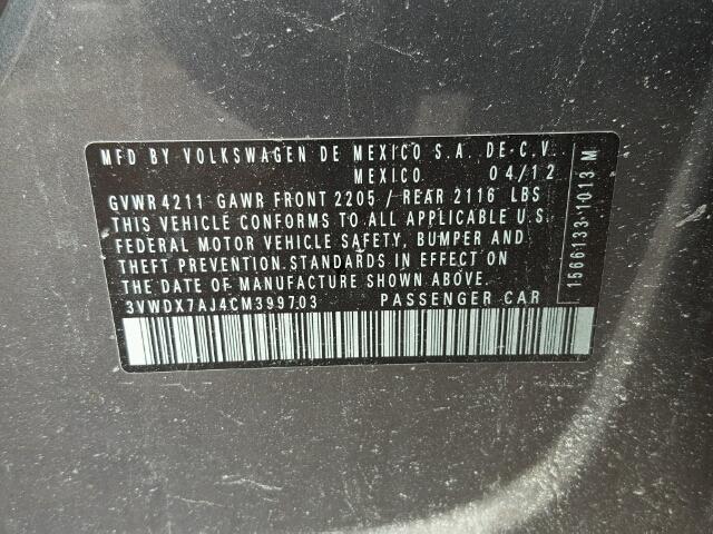 3VWDX7AJ4CM399703 - 2012 VOLKSWAGEN JETTA SE 灰色 照片 10