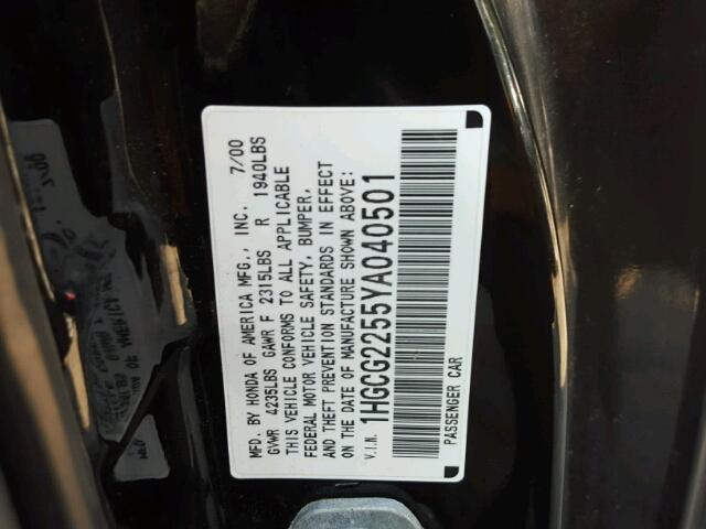 1HGCG2255YA040501 - 2000 HONDA ACCORD BLACK photo 10