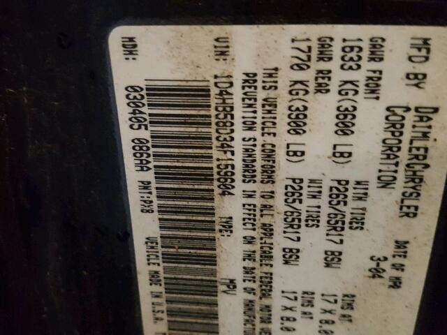 1D4HB58D34F159604 - 2004 DODGE DURANGO LI BLACK photo 10