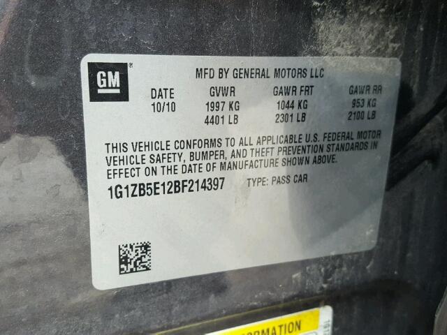 1G1ZB5E12BF214397 - 2011 CHEVROLET MALIBU LS CHARCOAL photo 10