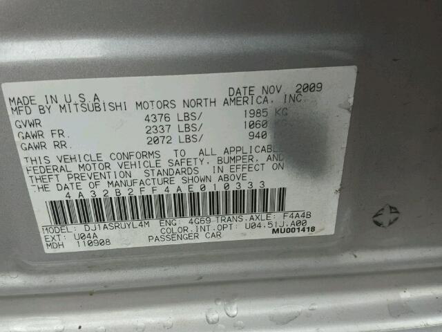 4A32B2FF4AE010333 - 2010 MITSUBISHI GALANT FE SILVER photo 10