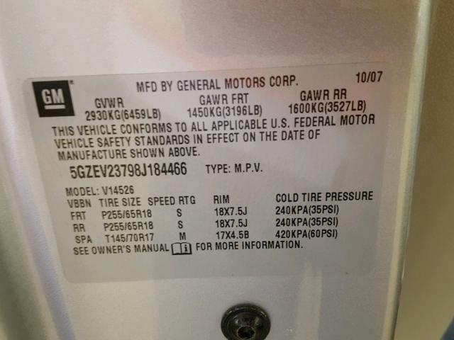 5GZEV23798J184466 - 2008 SATURN OUTLOOK XR ვერცხლისფერი ფოტო 10