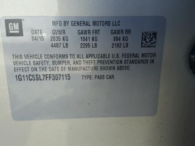 1G11C5SL7FF307115 - 2015 CHEVROLET MALIBU 1LT 银色 照片 10