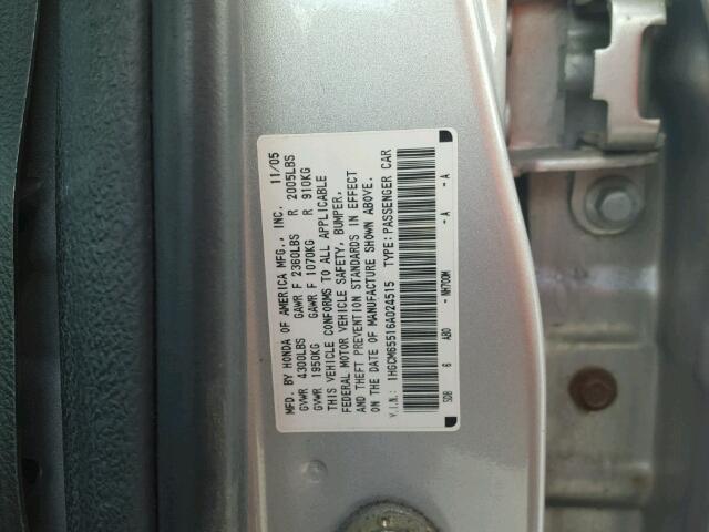 1HGCM65516A024515 - 2006 HONDA ACCORD EX SILVER photo 10