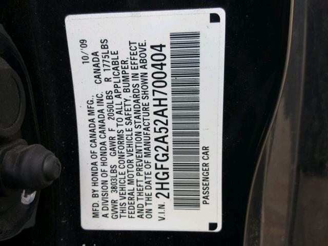 2HGFG2A52AH700404 - 2010 HONDA CIVIC SI BLACK photo 10