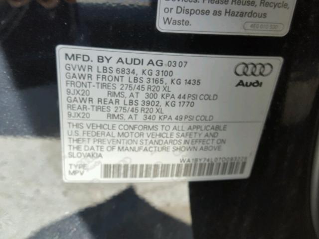 WA1BY74L07D093226 - 2007 AUDI Q7 3.6 QUA BLACK photo 10