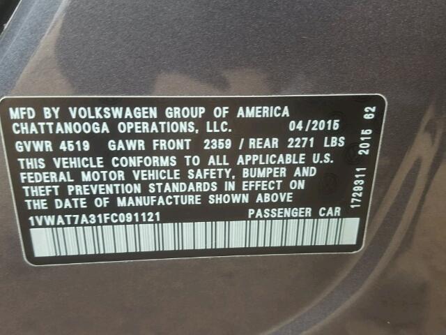1VWAT7A31FC091121 - 2015 VOLKSWAGEN PASSAT S ნაცრისფერი ფოტო 10