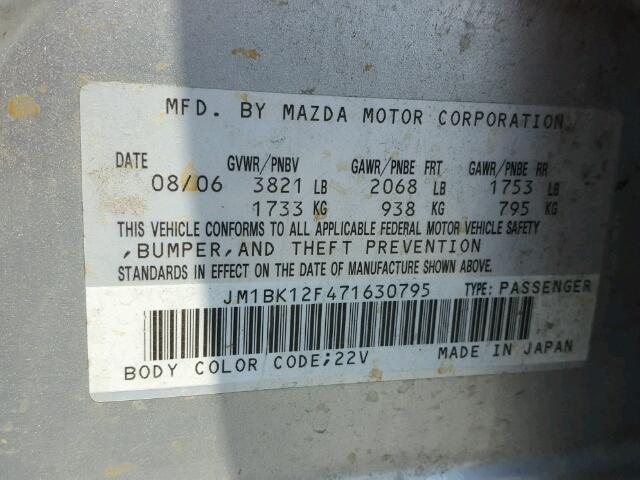 JM1BK12F471630795 - 2007 MAZDA 3 SILVER photo 10