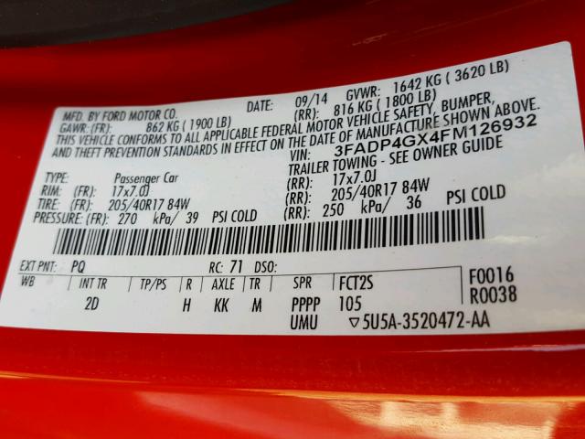 3FADP4GX4FM126932 - 2015 FORD FIESTA ST RED photo 10