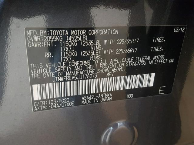 JTMWFREV5JJ178273 - 2018 TOYOTA RAV4 ADVEN GRAY photo 10