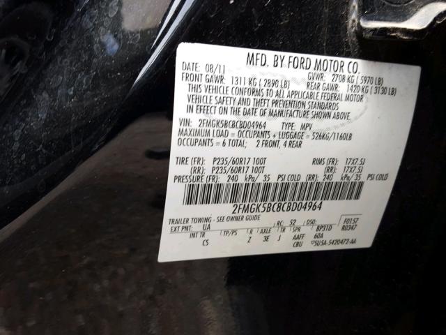 2FMGK5BC8CBD04964 - 2012 FORD FLEX SE BLACK photo 10