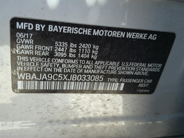 WBAJA9C5XJB033085 - 2018 BMW 530E SILVER photo 10