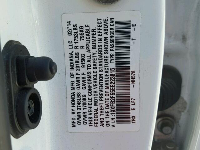 19XFB2F55EE223815 - 2014 HONDA CIVIC LX WHITE photo 10