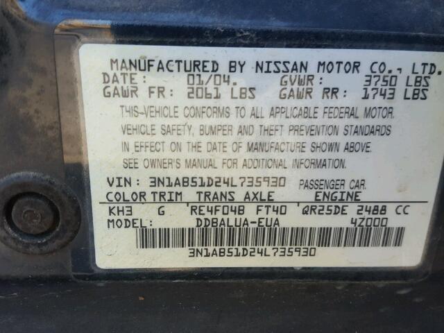 3N1AB51D24L735930 - 2004 NISSAN SENTRA SE- BLACK photo 10