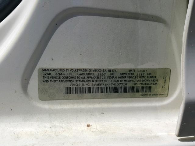 3VWEF71K47M137718 - 2007 VOLKSWAGEN JETTA WOLF WHITE photo 10