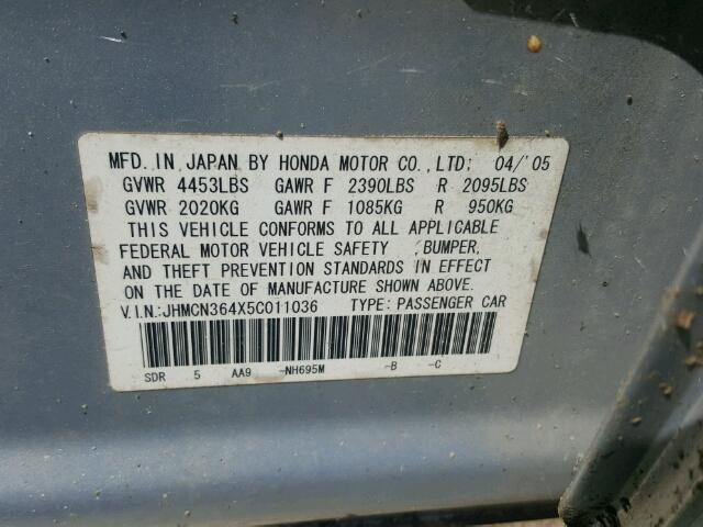 JHMCN364X5C011036 - 2005 HONDA ACCORD HYB GRAY photo 10