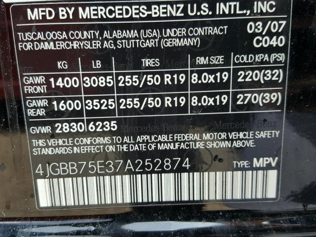 4JGBB75E37A252874 - 2007 MERCEDES-BENZ ML 500 BLACK photo 10