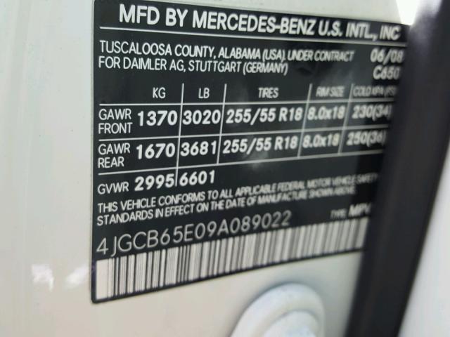 4JGCB65E09A089022 - 2009 MERCEDES-BENZ R 350 4MAT WHITE photo 10