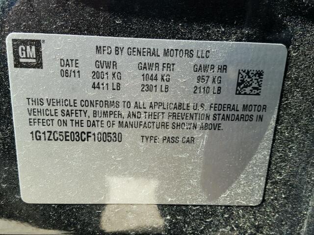 1G1ZC5E03CF100530 - 2012 CHEVROLET MALIBU 1LT შავი ფოტო 10