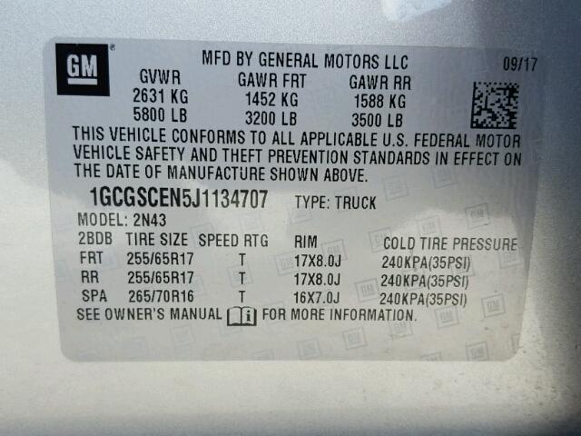 1GCGSCEN5J1134707 - 2018 CHEVROLET COLORADO L SILVER photo 10