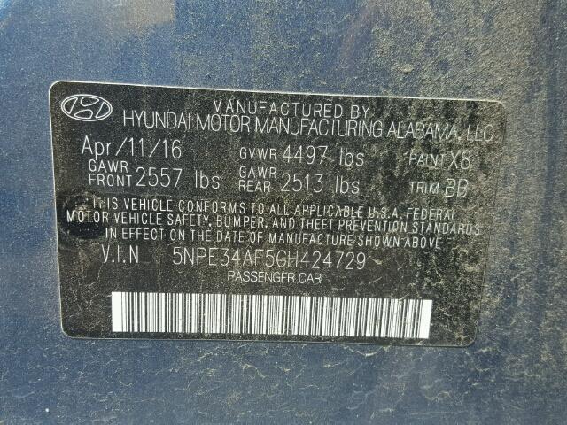 5NPE34AF5GH424729 - 2016 HYUNDAI SONATA SPO BLUE photo 10