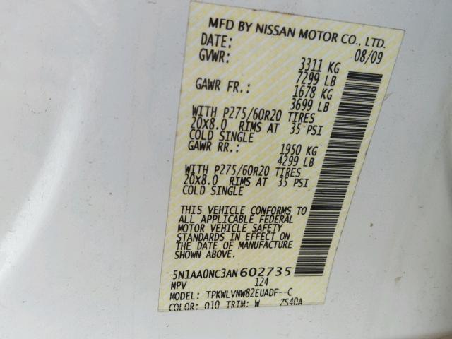 5N1AA0NC3AN602735 - 2010 NISSAN ARMADA SE WHITE photo 10