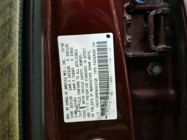 1HGCP26869A042148 - 2009 HONDA ACCORD EXL MAROON photo 10