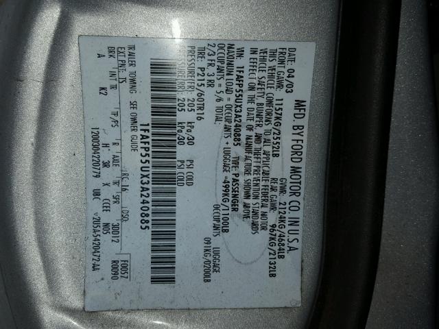 1FAFP55UX3A240885 - 2003 FORD TAURUS SES SILVER photo 10
