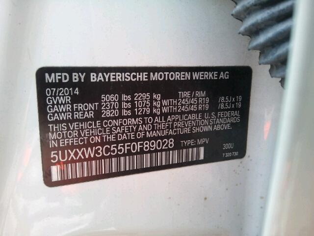 5UXXW3C55F0F89028 - 2015 BMW X4 XDRIVE2 Սպիտակ լուսանկար 10