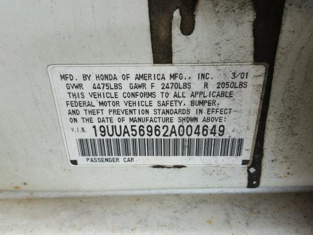 19UUA56962A004649 - 2002 ACURA 3.2TL TYPE WHITE photo 10