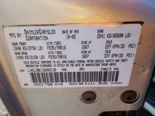 1J4GL38K13W569139 - 2003 JEEP LIBERTY RE SILVER photo 10