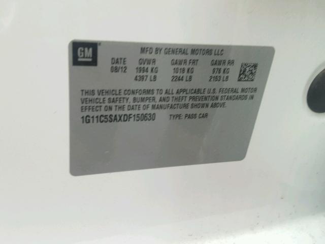 1G11C5SAXDF150630 - 2013 CHEVROLET MALIBU 1LT 白色 照片 10