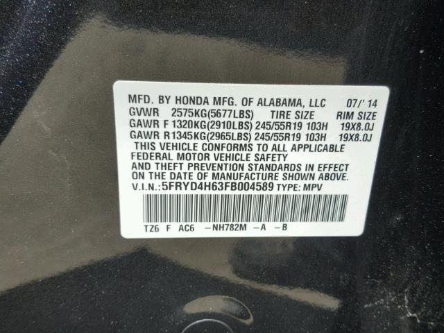 5FRYD4H63FB004589 - 2015 ACURA MDX TECHNO GRAY photo 10