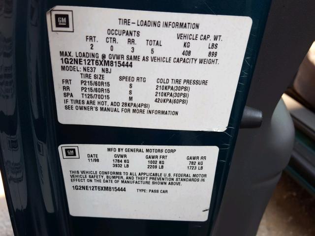 1G2NE12T6XM815444 - 1999 PONTIAC GRAND AM S 绿色 照片 10