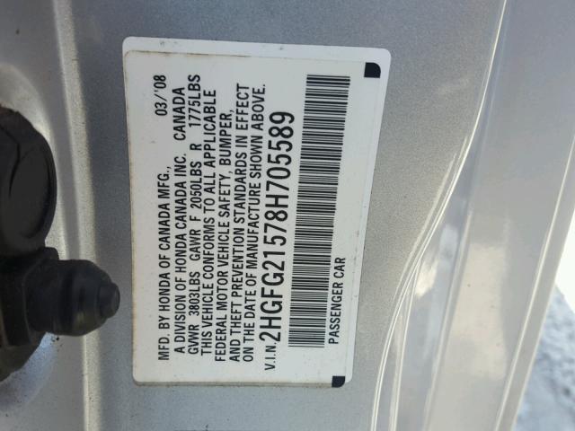 2HGFG21578H705589 - 2008 HONDA CIVIC SI SILVER photo 10