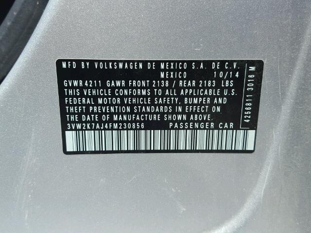 3VW2K7AJ4FM230856 - 2015 VOLKSWAGEN JETTA BASE SILVER photo 10