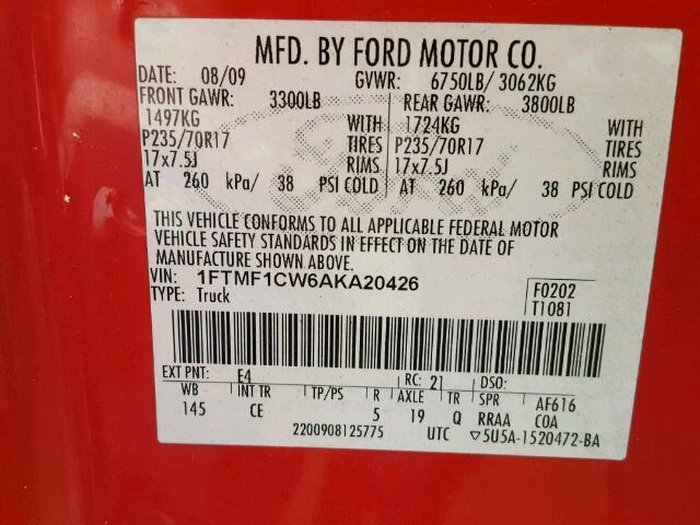 1FTMF1CW6AKA20426 - 2010 FORD F150 RED photo 10